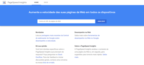 Tela principal do Google PageSpeed Insights.