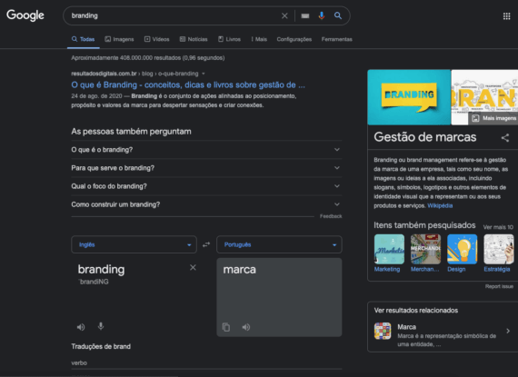 print do navegador mostrando como é uma busca informacional no google, buscando por branding, para exemplificar os tipos de busca no guia completo de seo da Calebe