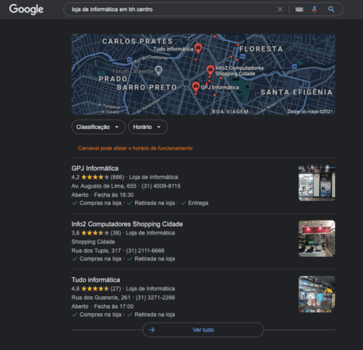 print do navegador mostrando como é uma busca local no google, para exemplificar os tipos de busca no guia completo de SEO da Calebe