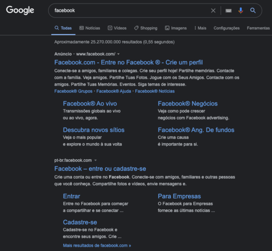 print do navegador que mostra como é uma busca navegacional no google, buscando por facebook, para exemplificar os tipos de busca do guia completo de seo da Calebe