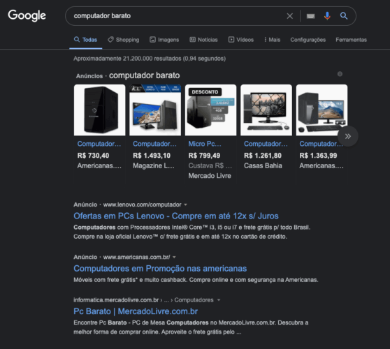 print do navegador mostrando como é uma busca transacional no google, buscando por computador barato, para exemplificar os tipos de busca no guia completo de SEO da Calebe